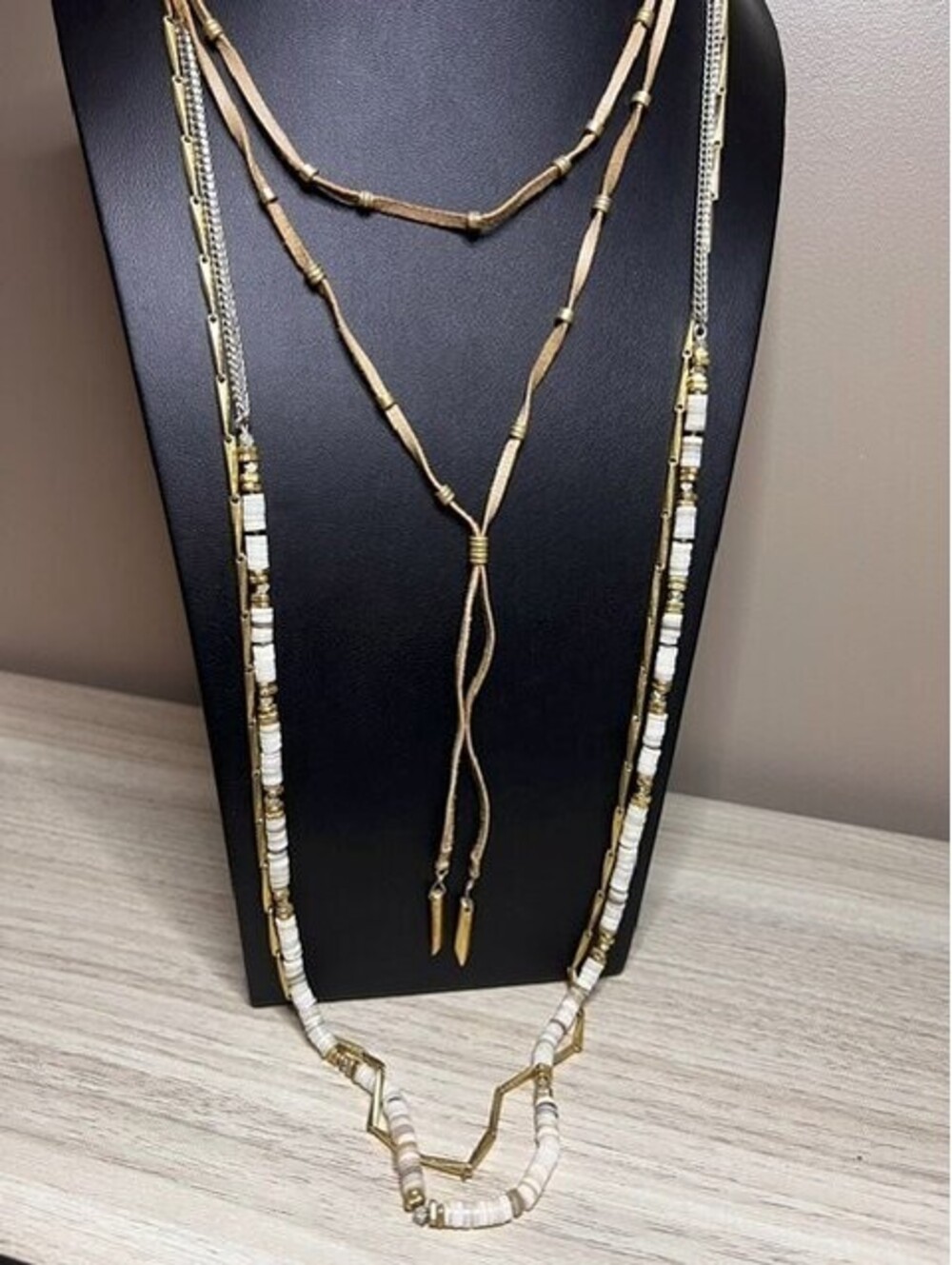 B7277 Stella & Dot Multi-Strand Layered Long Necklace Boho Suede White Beads